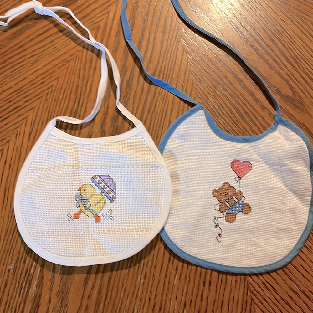 Hand Crafted, Vintage Cross Stitched Duck & BearTie neck tie baby bib